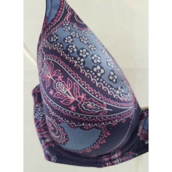 34D Navy Blue and Pink Floral Paisley Lightly Padded Underwire Demi Bra - Picture 2 of 5